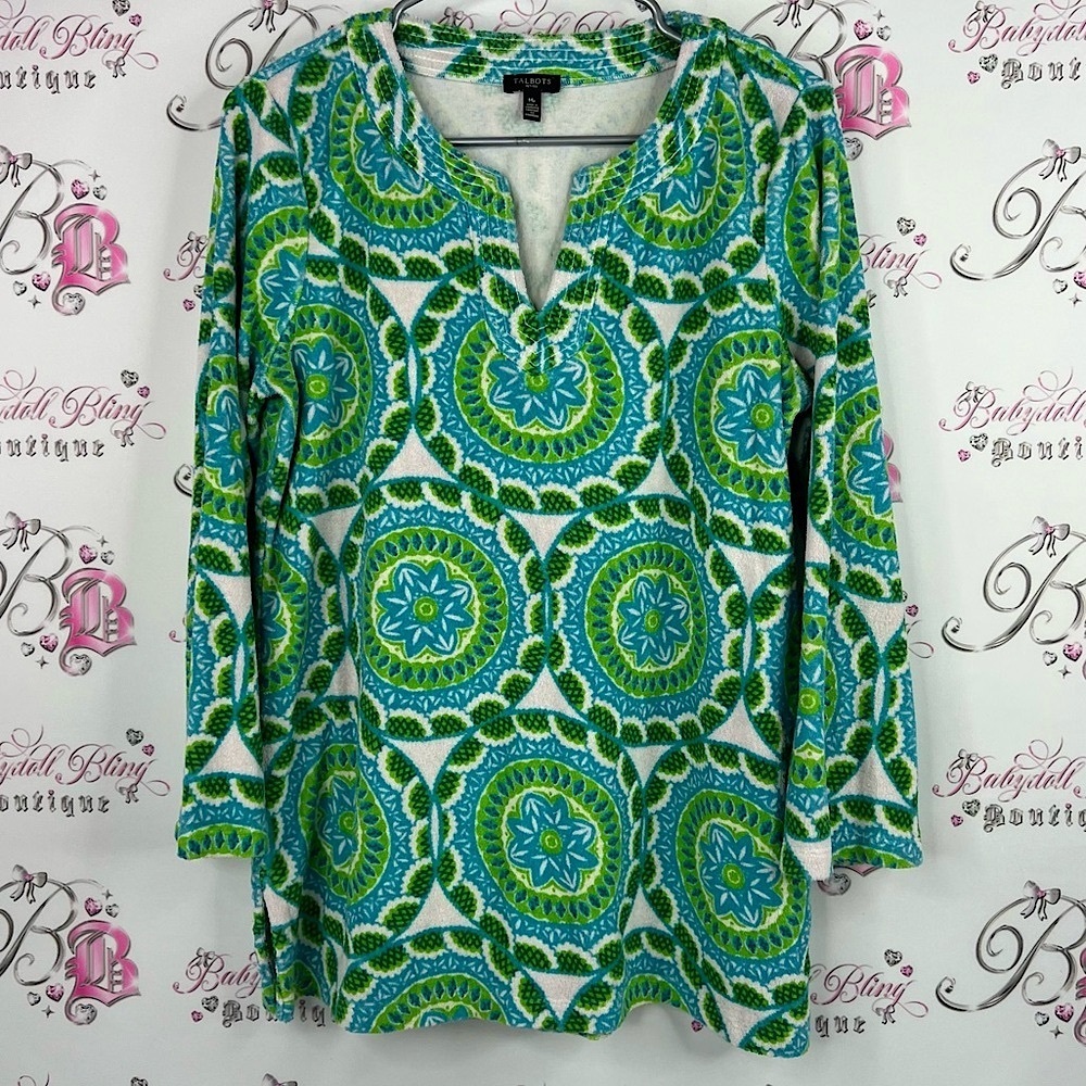 Talbots terry cloth towel green coverup long sleeve Green Blue Patterned Tunic